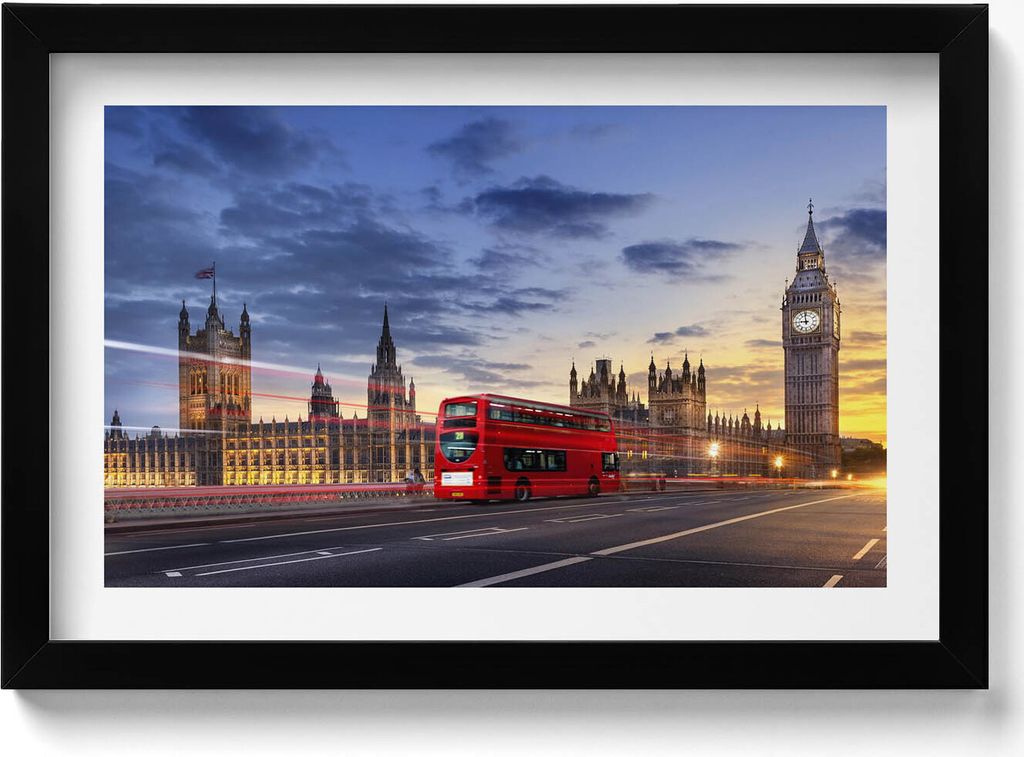 Roter Bus in London– Wandbild mit Rahmen – Gerahmtes Bild – Wanddekoration – 30x20 cm – Schwarz Rahmen