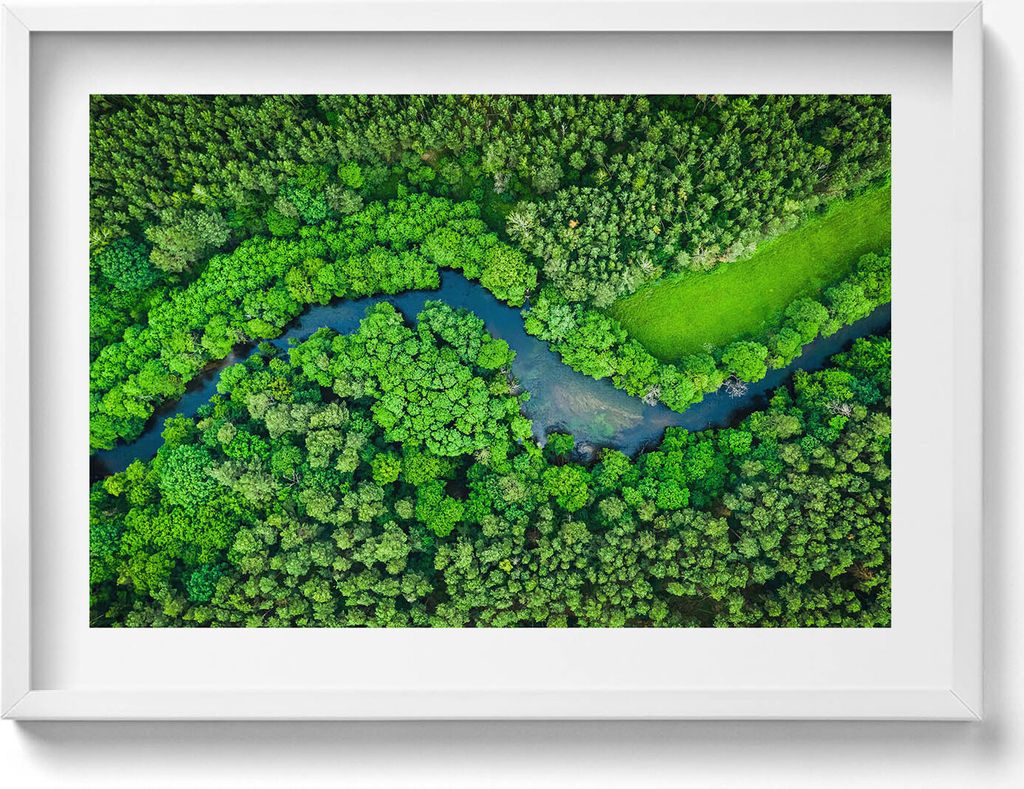 Wald und Fluss aus der Vogelperspektive– Wandbild mit Rahmen – Gerahmtes Bild – Wanddekoration – 70x50 cm – Weiß Rahmen