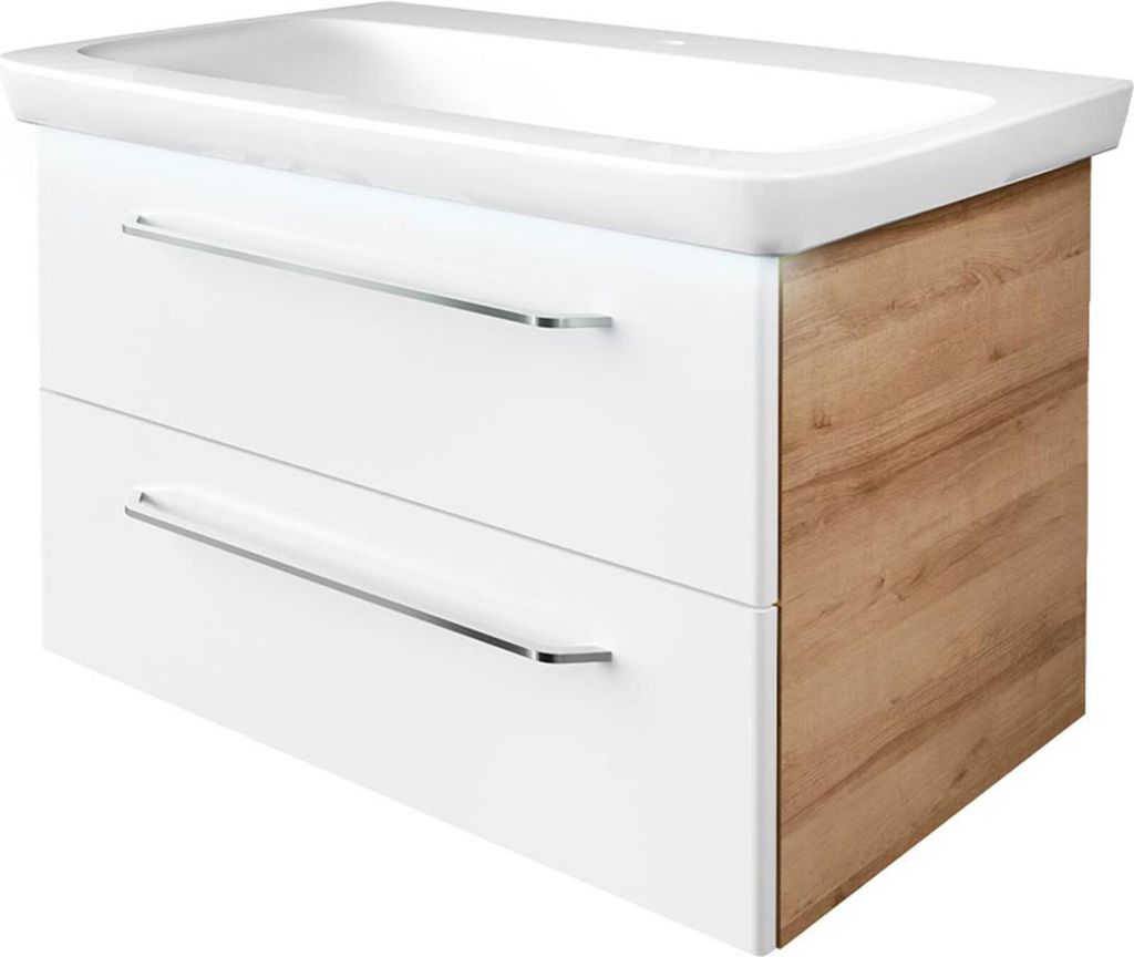 FACKELMANN MILANO Badmöbel Set 3 Teile / Keramik Waschbecken / Waschbeckenunterschrank mit 2 Schubladen / LED-Beleuchtung / Badschrank mit Soft-Cl...