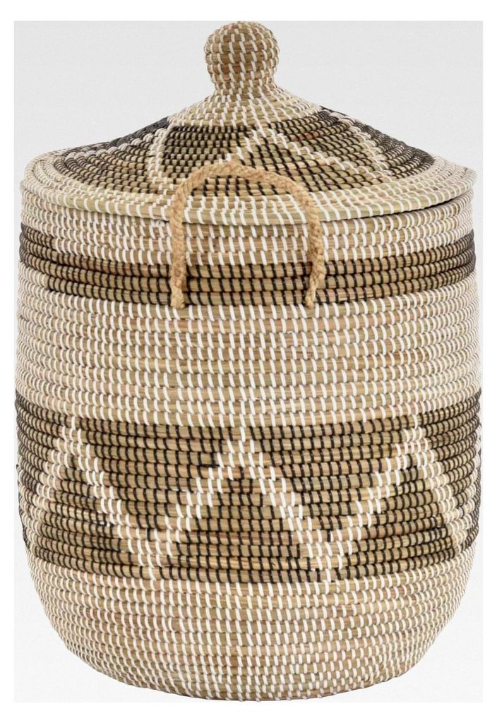 Wäschekorb Wäschesammler mit Deckel aus Naturseegras mit bunten Wicklungen