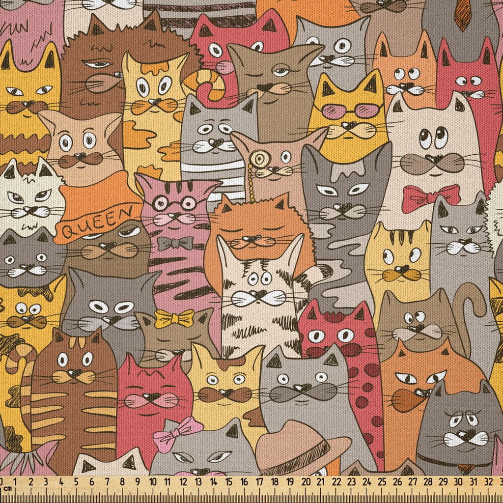 ABAKUHAUS Katze Microfaser Stoff als Meterware , Psychedelisches buntes Muster mit lustigen Kätzchen-abstrakten Weinlese-Maskottchen-sonderbarem C...