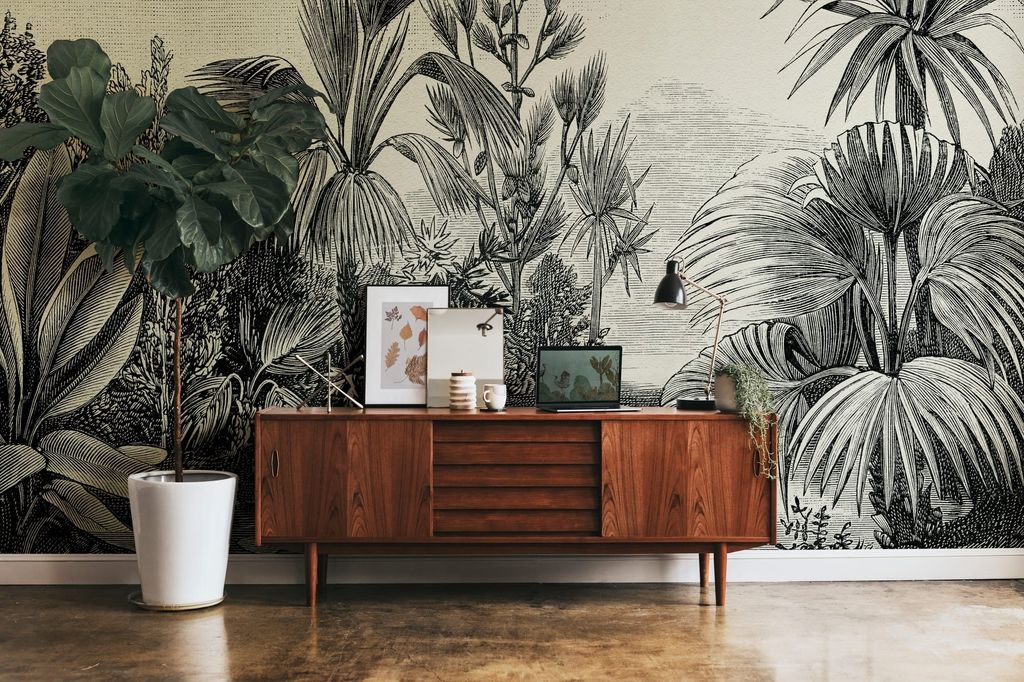 NEWROOM Tapete Grau Vliestapete Dschungel - Wandbild Modern Beige Schwarz Palmen Blätter Tapete Tropisch Dschungeltapete