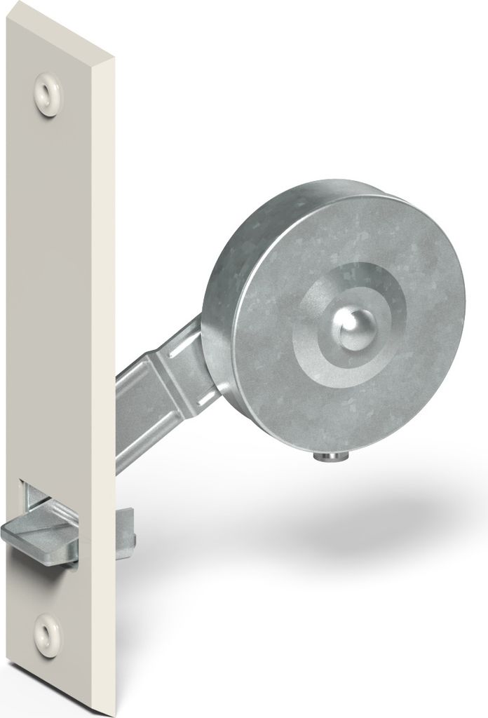 A product shot of a white wall plate with a silver mechanism attached.