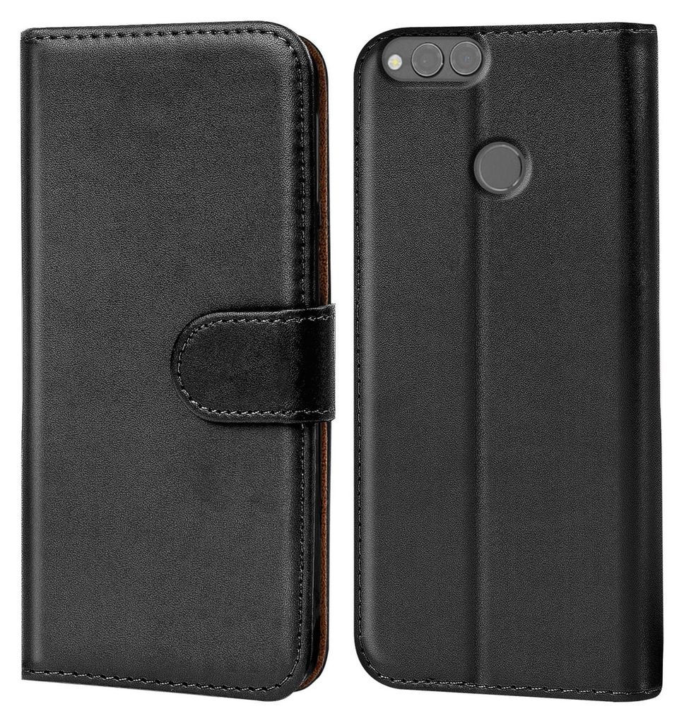 A black flip case for a smartphone is shown from the front and back.