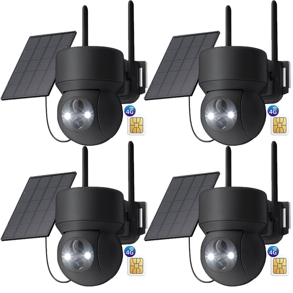4 Stück 4G LTE Überwachungskamera Aussen Solar mit SIM Karte Ohne WLAN 2K PTZ Kabellos IP Kamera Outdoor Ohne WLAN PIR Erkennung Farbe/IR Nachtsicht