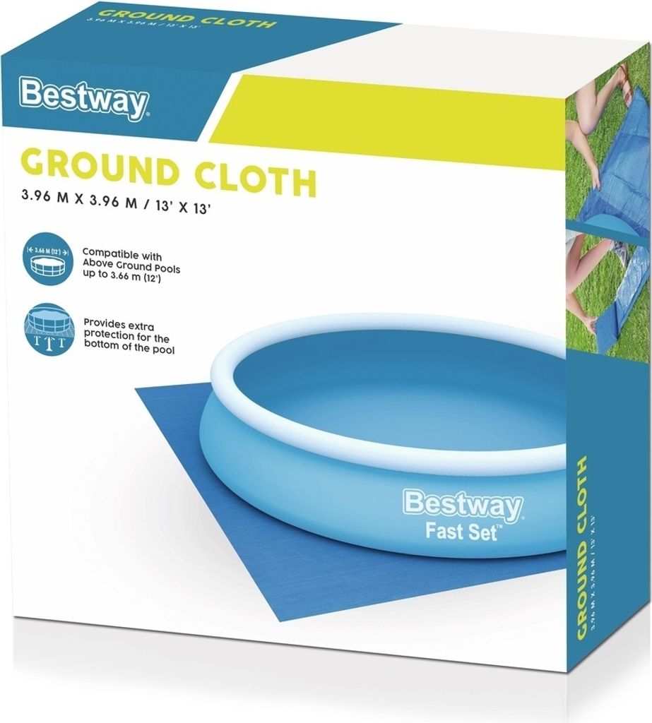 The image shows the packaging of a Bestway ground cloth for an above-ground pool.