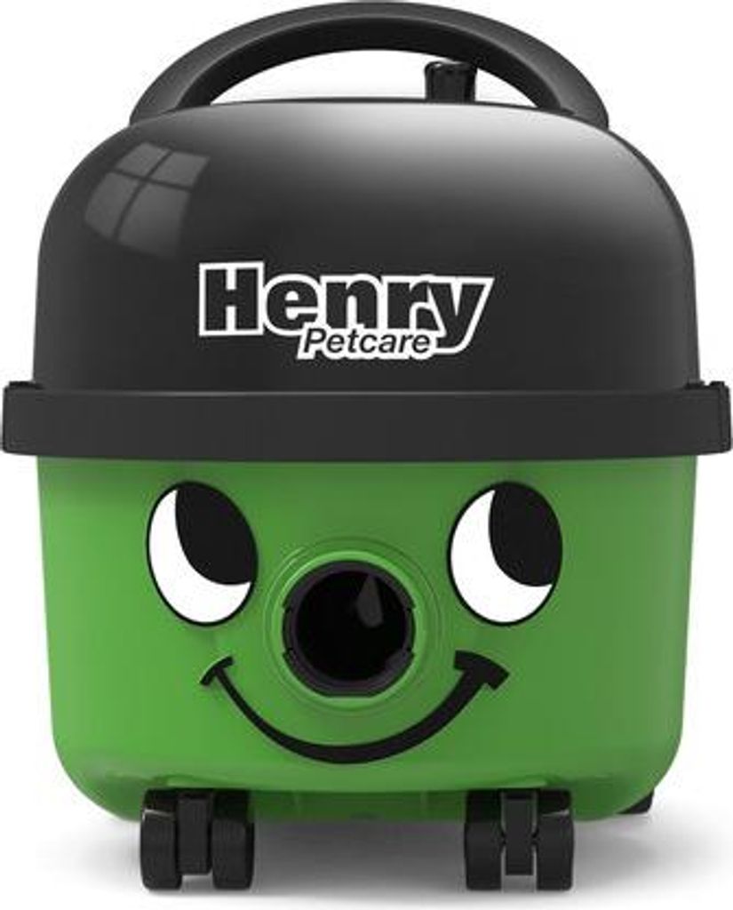 A studio shot of a green and black Henry Petcare vacuum cleaner.