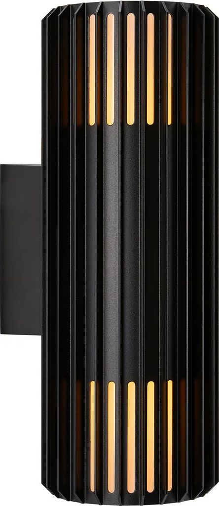 A black wall lamp with vertical slats and illuminated interior.