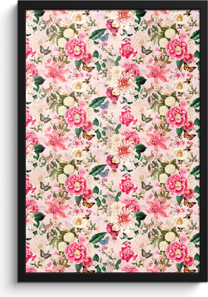MuchoWow MuchoWow Gerahmtes Poster Blumen - Rosa - Muster 40x60 cm - Poster mit zchwarzem Bilderrahmen - Papierdruck - Wandbilder