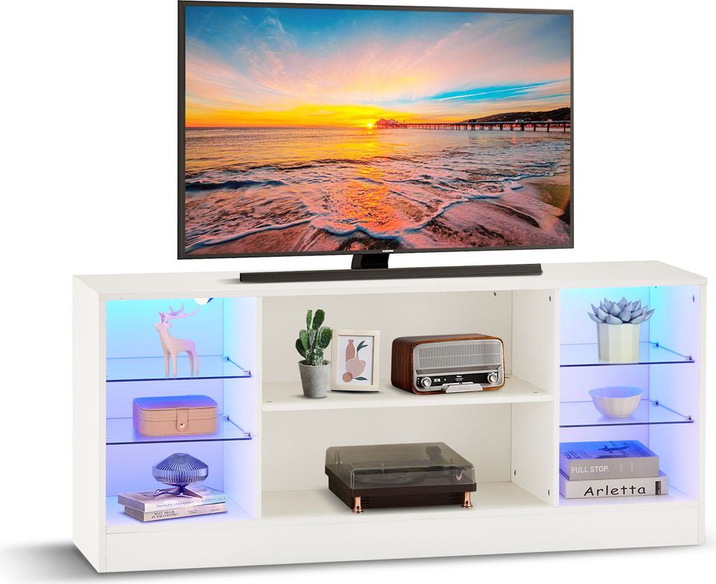 CLIPOP TV Schrank mit LED-Beleuchtung, 8 Ablagefächern, bis zu 55 zoll, Weiß