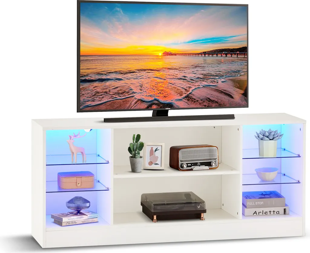 Meuble TV LED Design Blanc avec 8 Niches de Rangement pour Salon Moderne