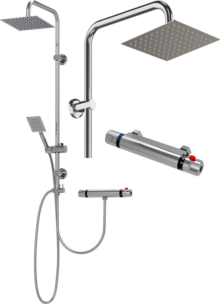 A collection of shower fixtures, including a showerhead on a rail, a separate showerhead on a hose, and two thermostatic shower valves, all presented against a white background.