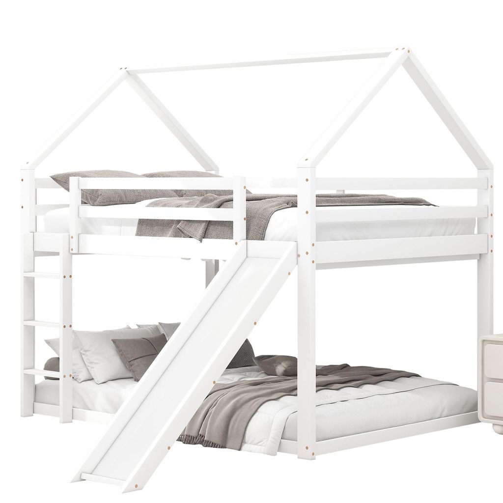 A white bunk bed with a slide and a house-shaped frame, set against a white background.
