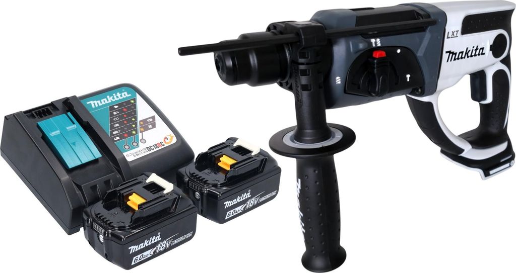 Makita DHR 202 RGW Akku Bohrhammer 18 V 20 mm 2,0 J weiß + 2x Akku 6,0 Ah + Ladegerät