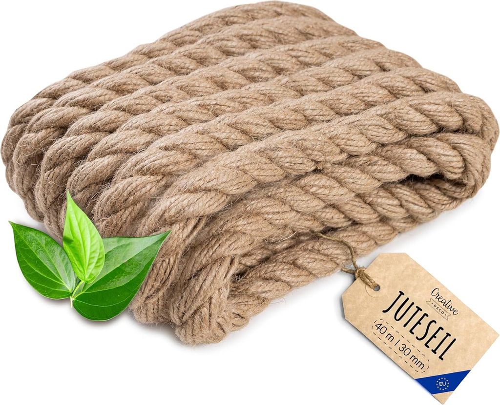 Creative Deco Juteseil Juteschnur | 40m Lang 30mm Stark | Jute Hanfseil Tau | Gedreht Naturfaser Handlauf DIY Garten