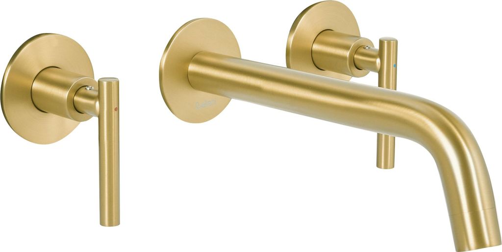 BELIANI Wandmontierte Waschtischarmatur Gold aus Messing Zweihebelmischer Mischbatterie Wandmontage Wandarmatur Waschbecken Badezimmer