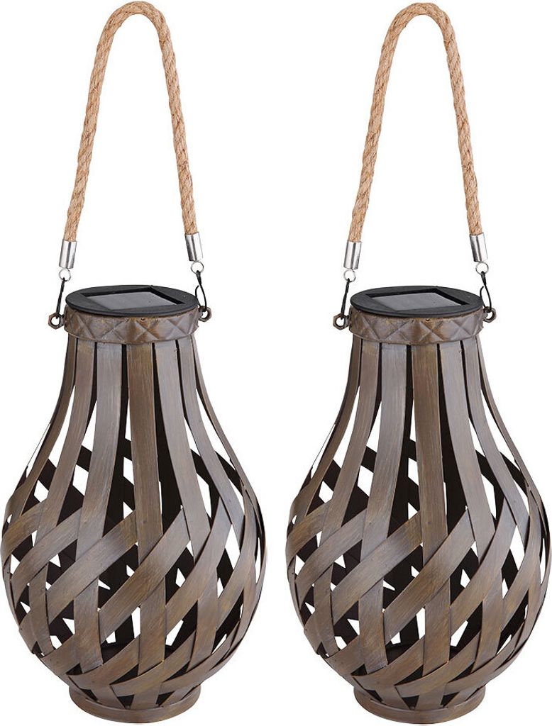 2er Set LED Solarleuchte, Bambus, Braun, Schalter, H 27 cm