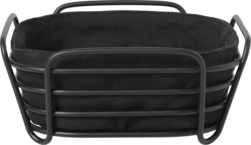 A black bread basket with a fabric liner, shown from a front-facing angle against a white background.