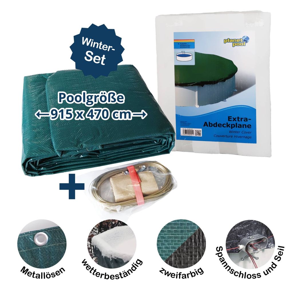 A product image showing a folded green pool cover and a packaged winter cover, along with accessory icons.