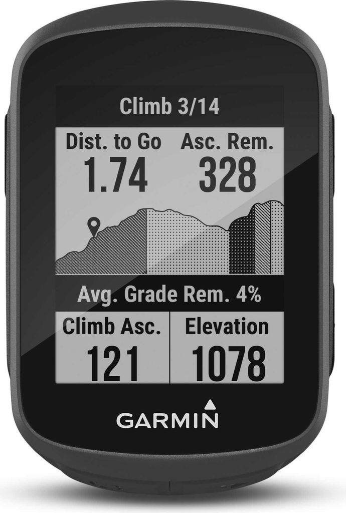 A close-up of a Garmin cycling computer displaying climb data.