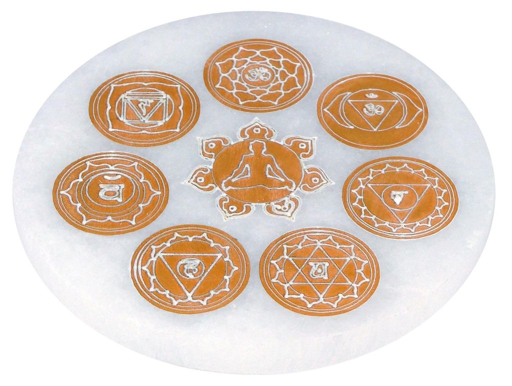 Selenit-Energiescheibe mit Chakrasymbolik gold Ø14cm