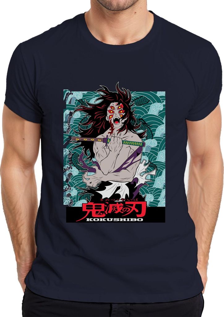 Kokushibo Dämon Schwert sechs Augen Anime Geschenk Halloween Herren T-Shirt, Navy, S