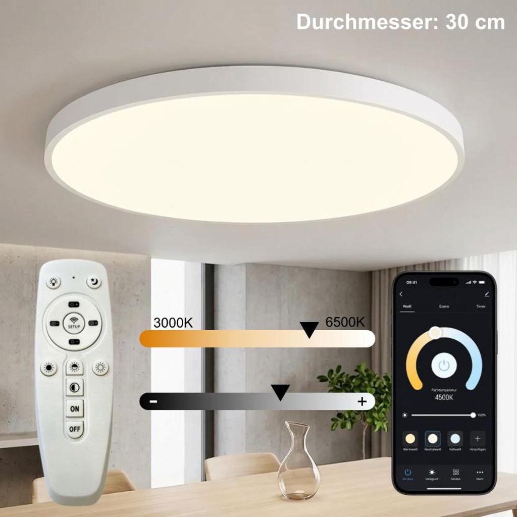 30cm LED Deckenleuchte Weiß Rund, Smart Deckenlampe mit Produktbild 