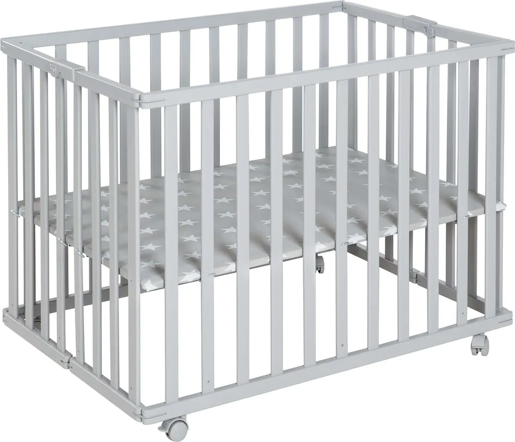 roba Parc Bébé Pliable en Bois Taupe 74x100 cm avec Roulettes Freinées
