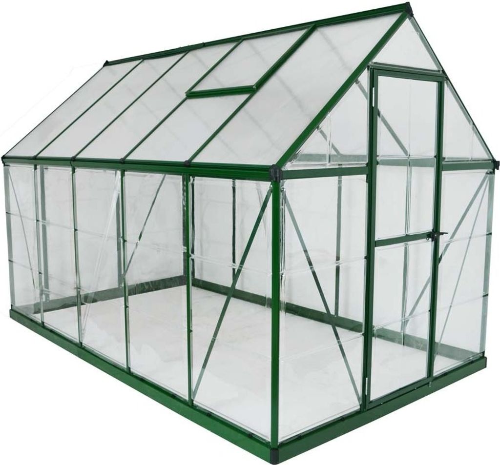 A greenhouse with a green frame and clear panels, shown from a slightly elevated diagonal angle.