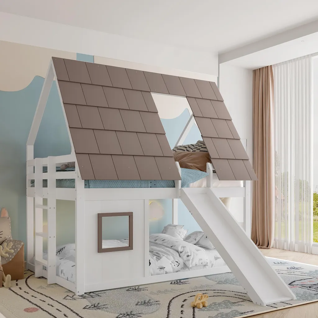 Lit superposé avec toboggan et toit en bois 140x200 cm bicolore Sweiko