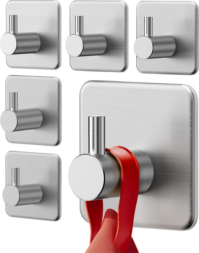 Handtuchhalter ohne Bohren, 6 Stück Handtuchhaken Edelstahl Klebehaken Kleiderhaken Haken Selbstklebend, Ideal für Bad Toilette Küche Büro, Silber