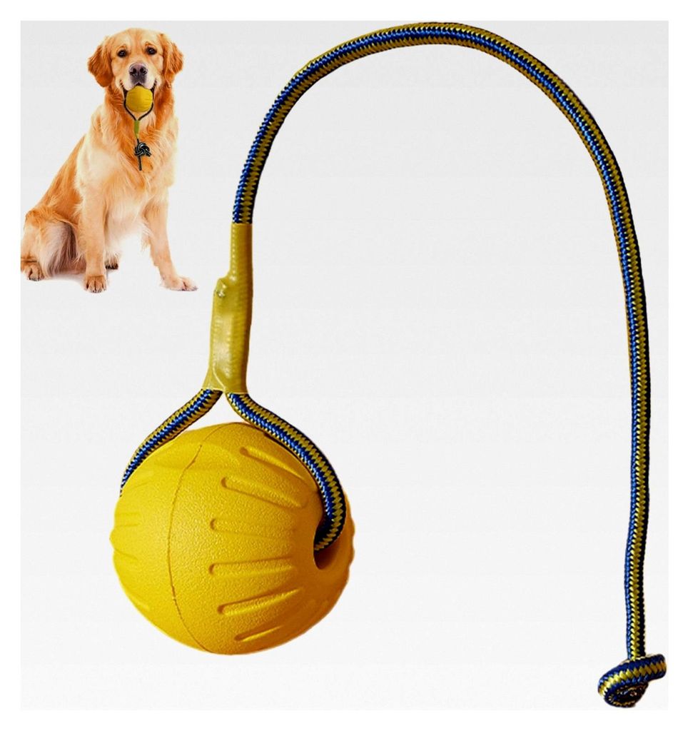 Hundeball mit Seil, 7,6 cm, Gummiball für interaktives Training, gelb, tragbares Beißspielzeug zum Apportieren und Spielen