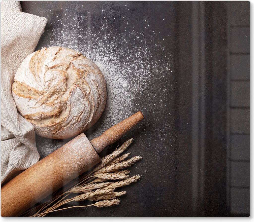 DEQORI Herdabdeckplatte Glas 1-tlg 'Brot mit Nudelholz' Herd Abdeckung Küche