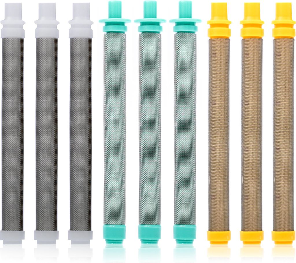 A collection of nine filter cartridges arranged in three groups of three, each group having a different color cap and mesh density.