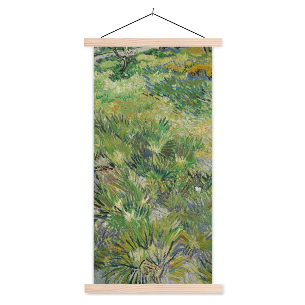 MuchoWow Textilposter Grasige Wiese mit Blumen und Schmetterlingen - Vincent van Gogh 60x120 cm mit holzfarbenen Rahmen - Holz