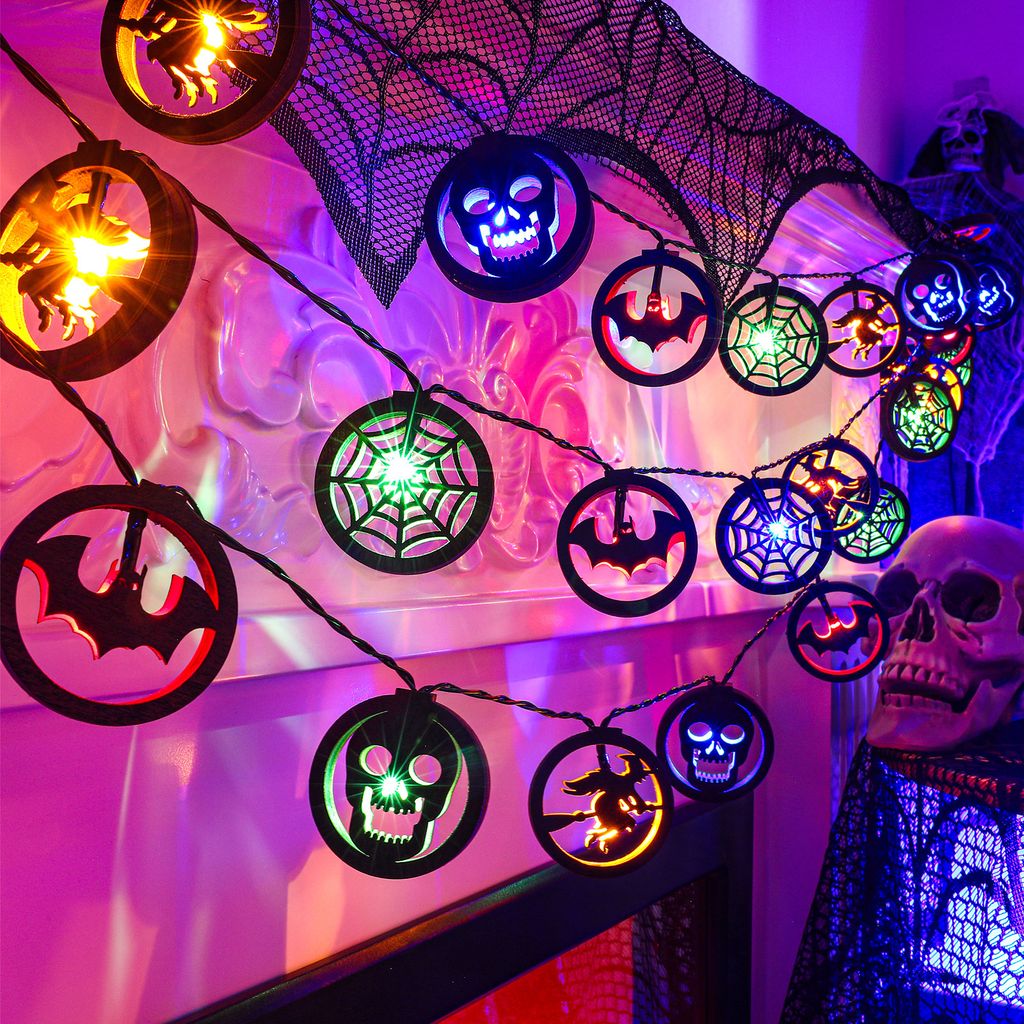 Halloween Dekoration Fledermaus Skelett Hexe Lichterketten, 3M LED Hängende Deko Batteriebetrieben Hängelampe für Party Bar Garten