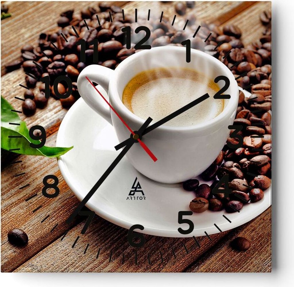 Wanduhr - Quadrat - Glasuhr - Kaffee Tasse Espresso heiß - 30x30cm - Schleichendes Uhrwerk - Lautlos - zum Aufhängen bereit - Dekoration Modern -...