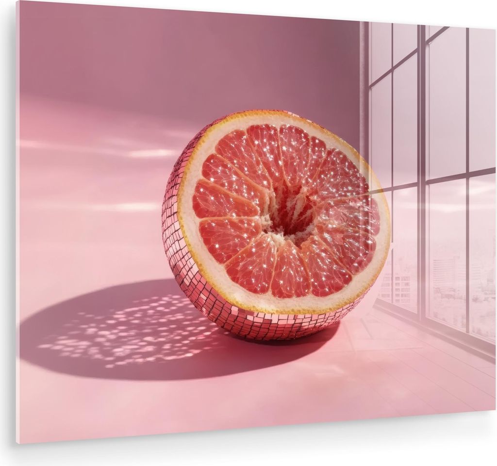 MuchoWow Glasbilder - Bilder auf Wandbild - Foto auf Glas Grapefruit - Rosa - Disco - Glänzend 40x30 cm Wanddekoration aus Glas - Acrylglasbild - ...