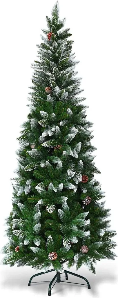 Sapin de Noël 180cm 630 pointes avec pommes de pin et effet de neige