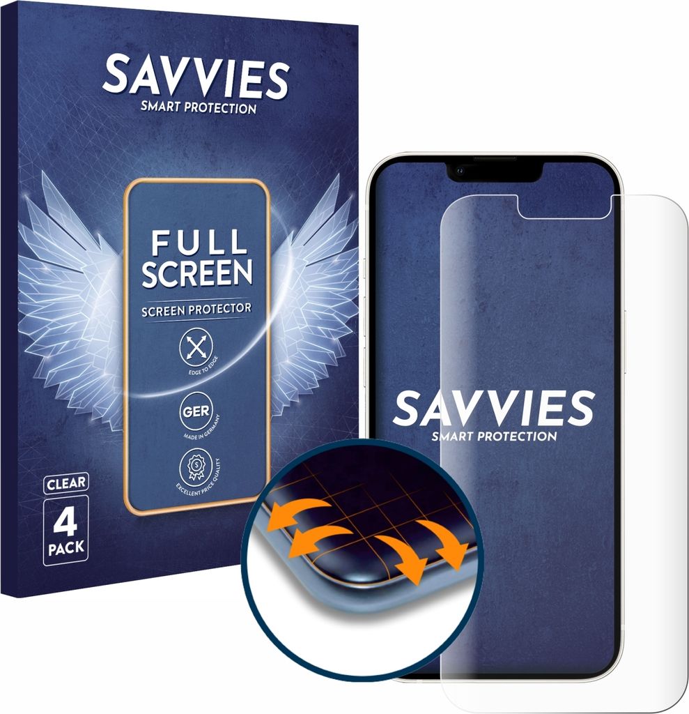 4x Savvies Fullscreen Schutzfolie für Apple iPhone 13 / 13 Pro Displayschutz Folie Fullcover Klar Transparent