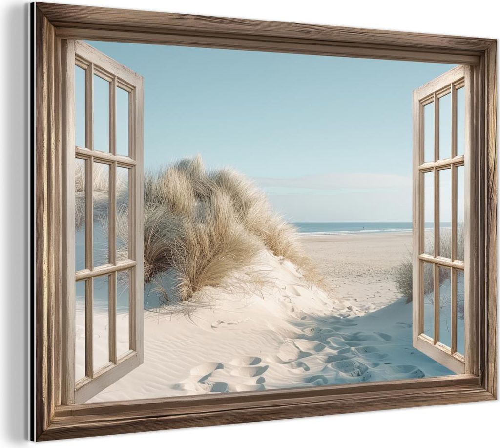 MuchoWow Wanddekoration Metall Metallbild Wandkunst 150x100 cm Aussicht - Hochgras - Dünen - Meer - Landschaft MuchoWow Aluminium Gemälde - Alu D...