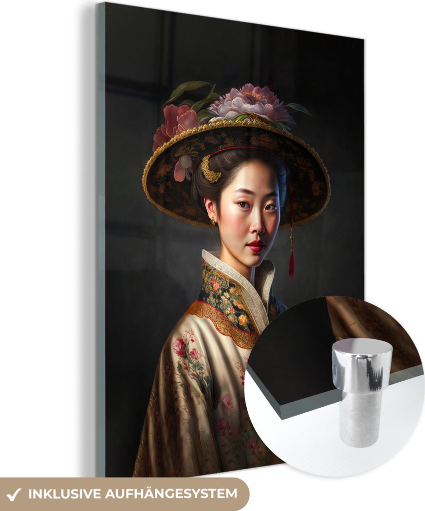 MuchoWow Glasbilder - Bilder auf Wandbild - Foto auf Glas Frau - Porträt - Blumen - Hut - Asiatisch 30x40 cm Wanddekoration aus Glas - Acrylglasbi...
