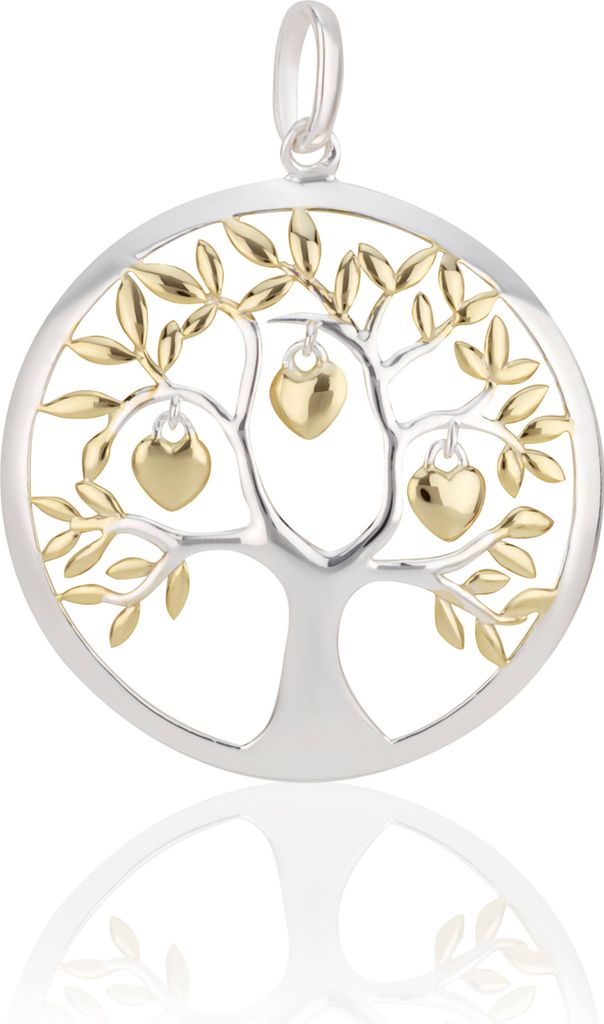 25mm Lebensbaum Kettenanhänger 925 Sterling Silber drei Herzchen gold poliert