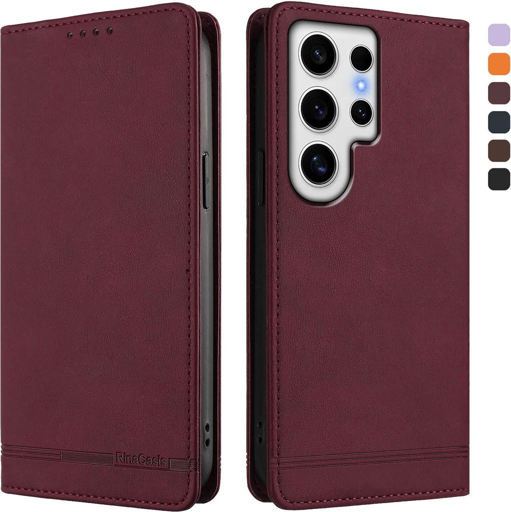 Hülle für Samsung Galaxy S24 Ultra, Retro Kunstleder Ständer Klapphülle mit Kartenfächer und Magnetische Rot