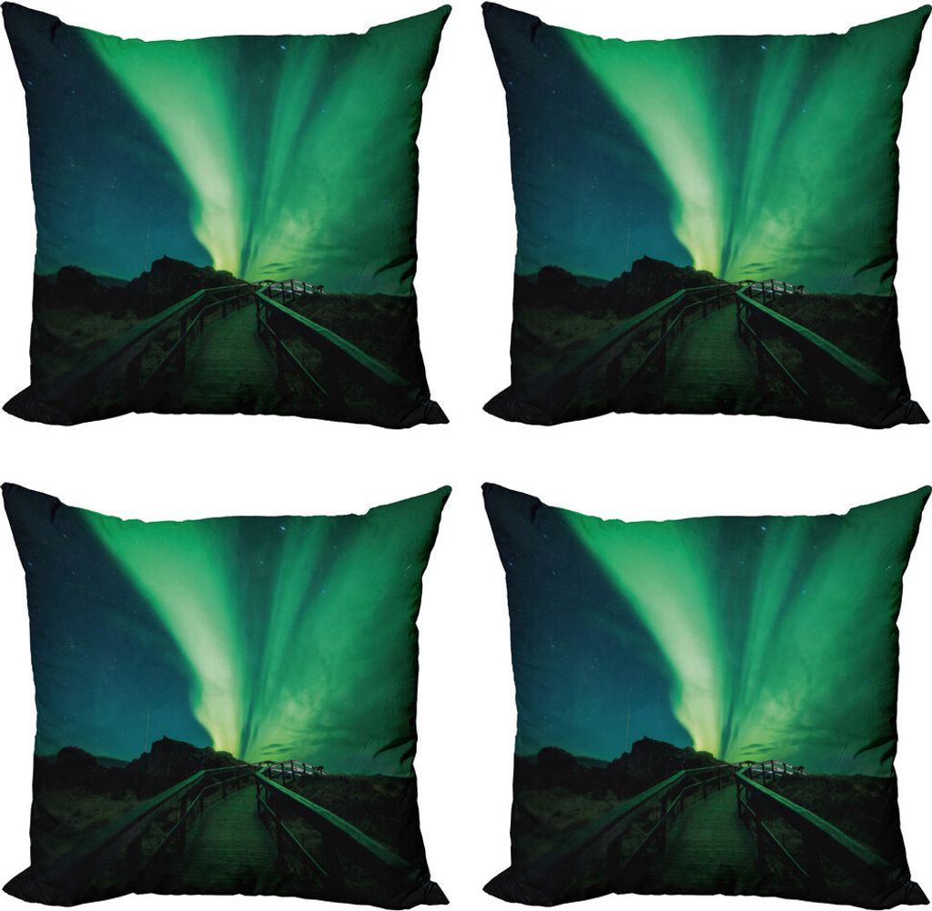 ABAKUHAUS Nordlicht Kissenbezug Set (4 Stück), Holzbrücke Sonnen, Moderner Doppelseitiger Digitaldruck, 45 cm x 45 cm, Farn-Grün Dunkelblau