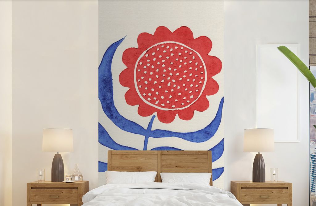 MuchoWow Fototapete für Wohnzimmer oder Schlafzimmer Wandtapete Vinyl Motivtapete Blume - Pflanze - Rot - Blau - 120x240 cm - Hintergrundbild