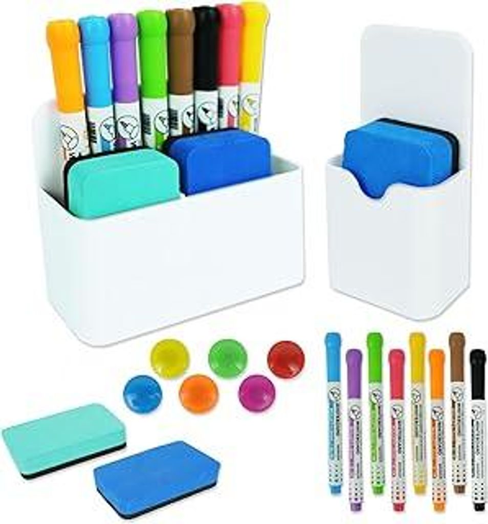 18 Whiteboard-Zubehör-Set - Magnetischer Stifthalter mit Schwamm und 8 Marker