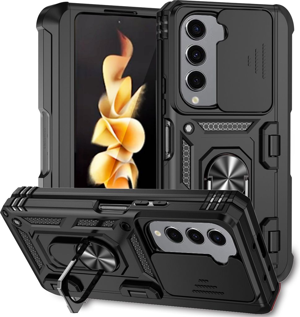 Hülle für Samsung Galaxy Z Fold 5 mit Scharnierschutz, Schiebe Kamera Schutz und Ringhalter Ständer Dual Layer Schutzhülle Schwarz