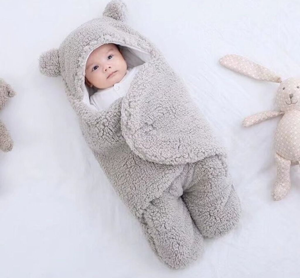 Baby-Wickeltuch für Neugeborene, Jungen, Mädchen, süßer Baumwollplüsch, mit Kapuze, Schlafsack, Pucksack; 6M; 70cm