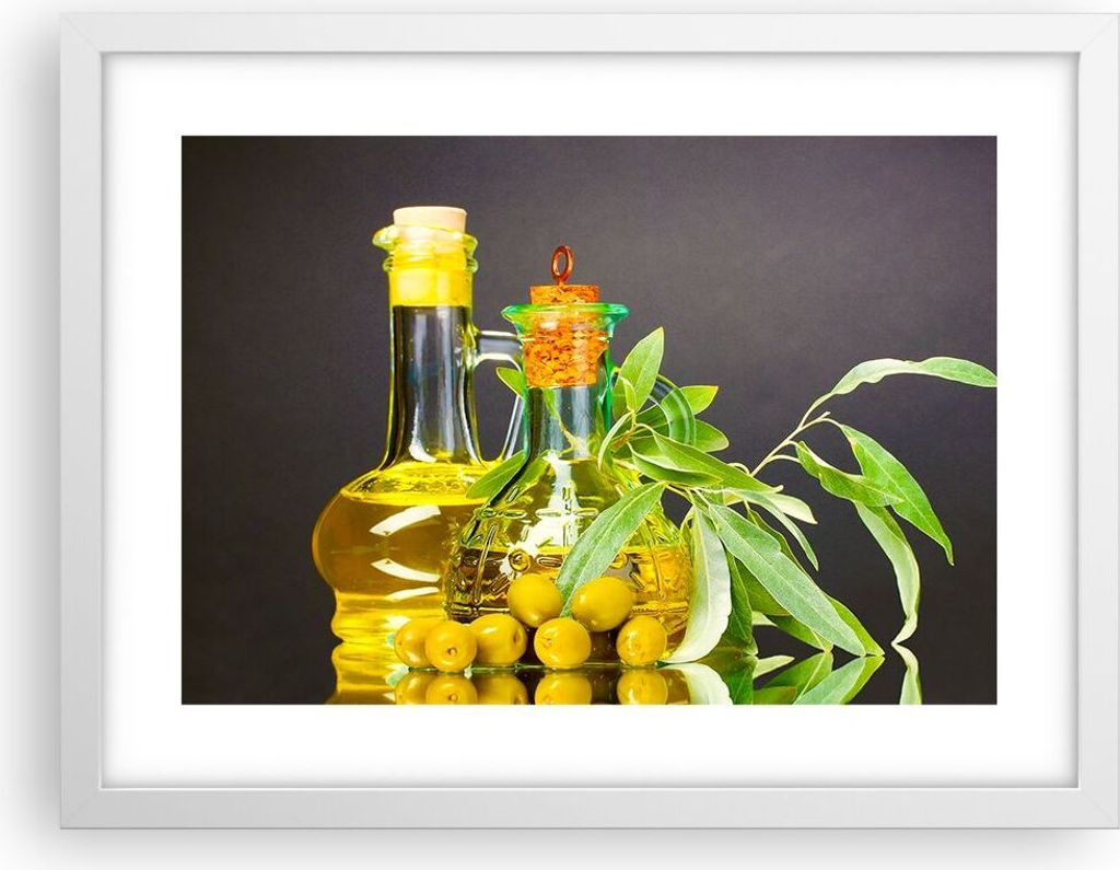 Gerahmtes Poster - Weißer Rahmen - Flasche Glas Olive Öl - 40x30 cm - Wand Bild - Wanddeko - Wandbilder - Kunstposter - Wandposter - Bilderrahmen...